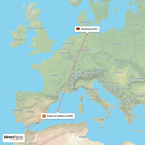 Hamburg - Palma de Mallorca direct flight map