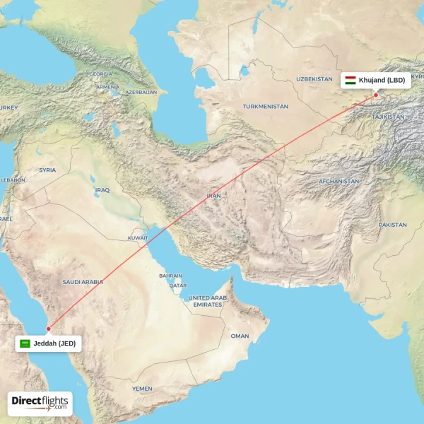 Khujand - Jeddah direct flight map