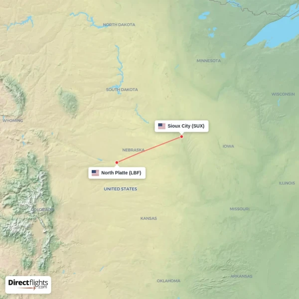 North Platte - Sioux City direct flight map