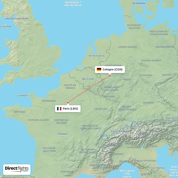Paris - Cologne direct flight map