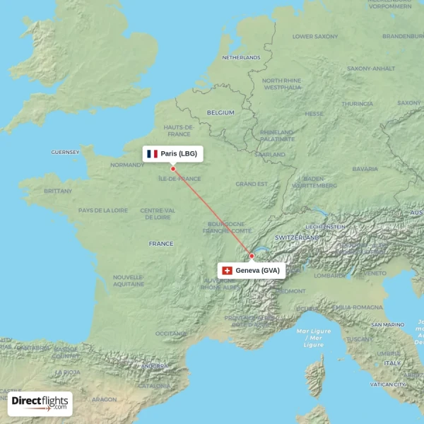 Paris - Geneva direct flight map