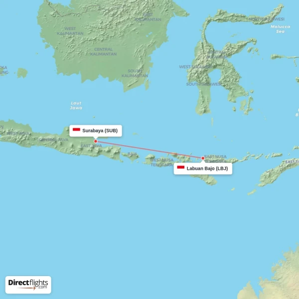 Labuan Bajo - Surabaya direct flight map
