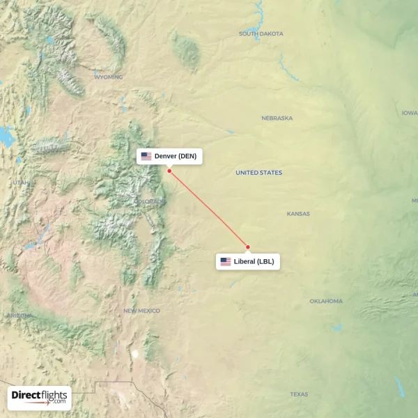 Liberal - Denver direct flight map