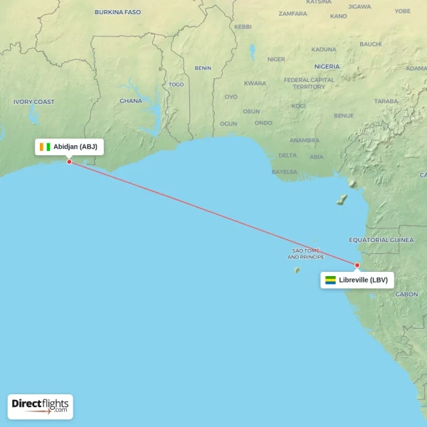 Libreville - Abidjan direct flight map