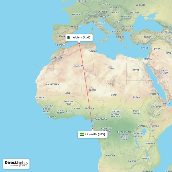 Libreville - Algiers direct flight map