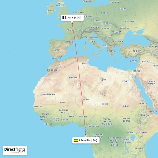 Libreville - Paris direct flight map