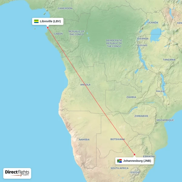 Libreville - Johannesburg direct flight map