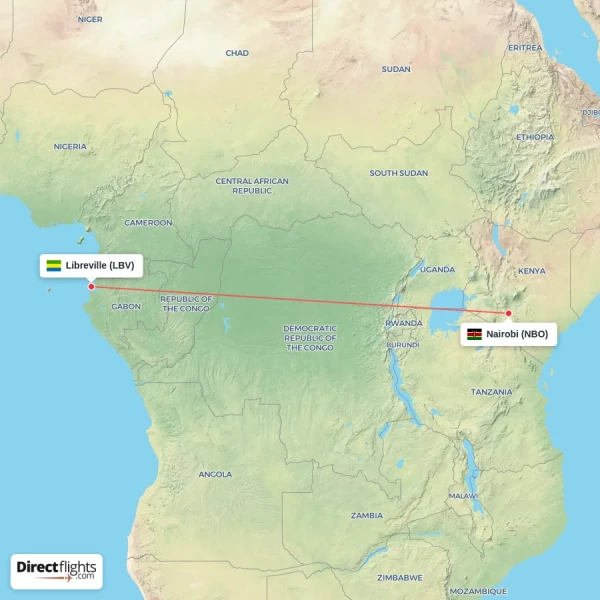 Libreville - Nairobi direct flight map
