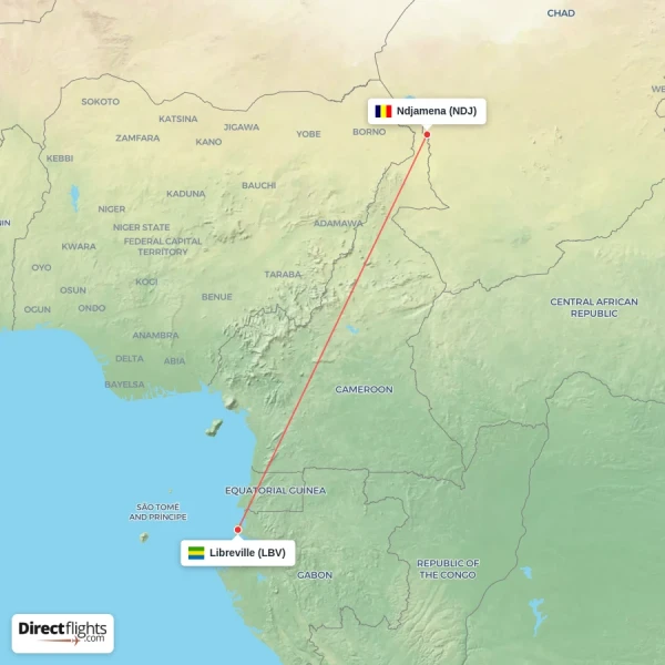 Libreville - Ndjamena direct flight map