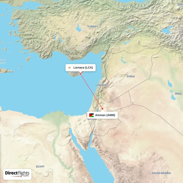 Larnaca - Amman direct flight map