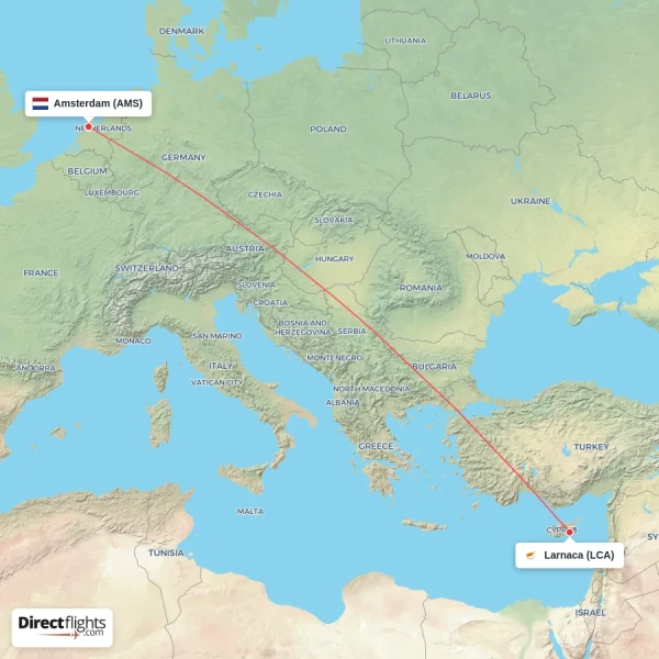 Larnaca - Amsterdam direct flight map