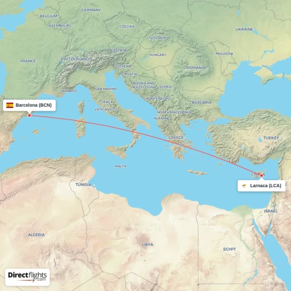 Larnaca - Barcelona direct flight map