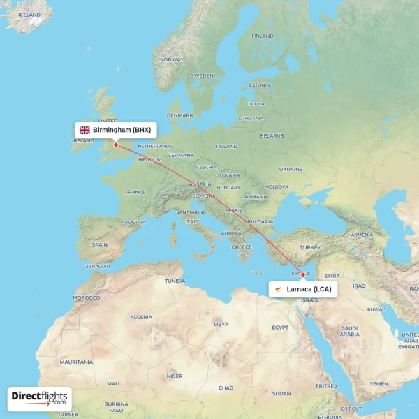 Larnaca - Birmingham direct flight map