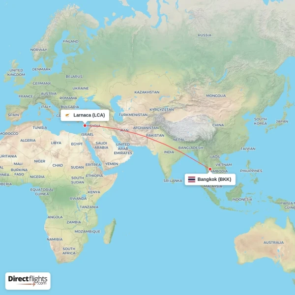 Larnaca - Bangkok direct flight map