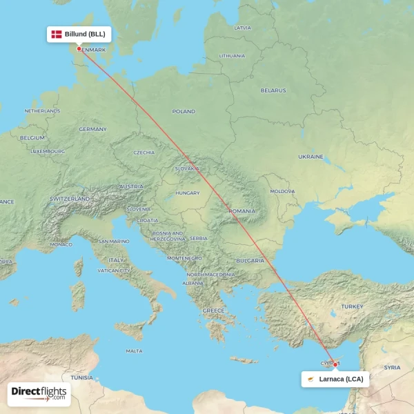 Larnaca - Billund direct flight map