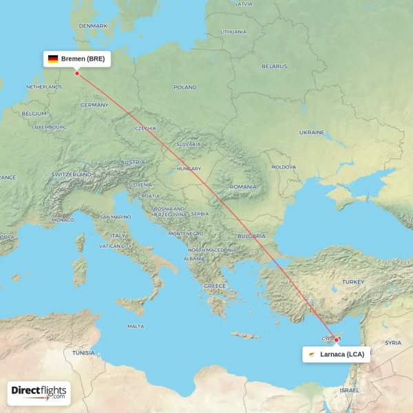 Larnaca - Bremen direct flight map