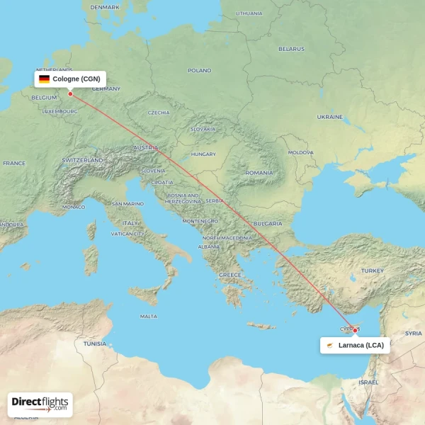Larnaca - Cologne direct flight map