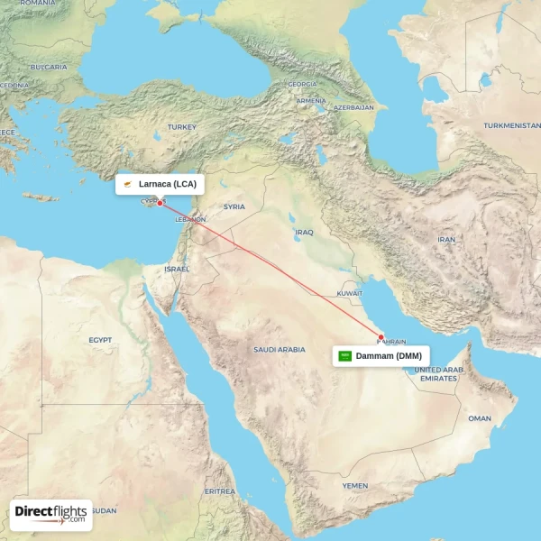Larnaca - Dammam direct flight map