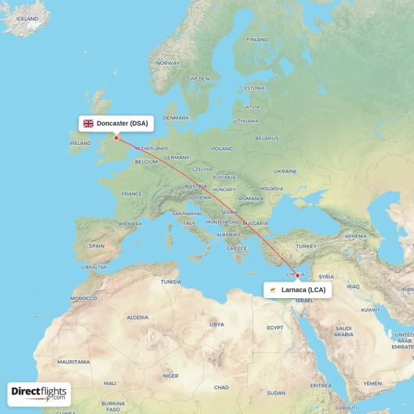 Larnaca - Doncaster direct flight map