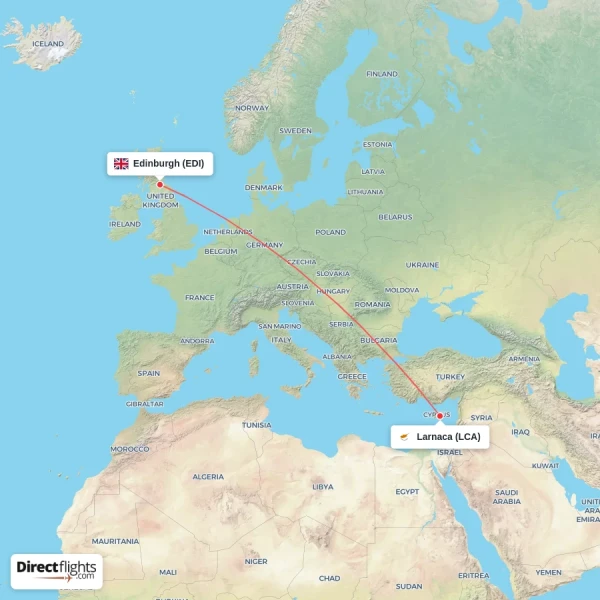 Larnaca - Edinburgh direct flight map