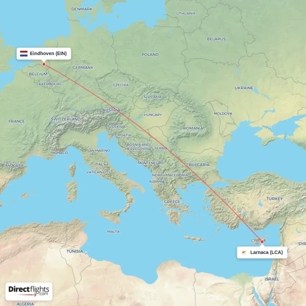 Larnaca - Eindhoven direct flight map