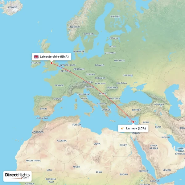 Larnaca - Leicestershire direct flight map
