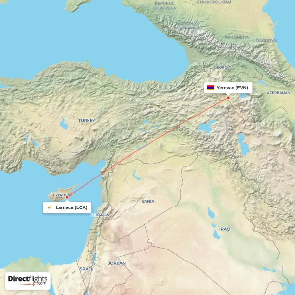 Larnaca - Yerevan direct flight map