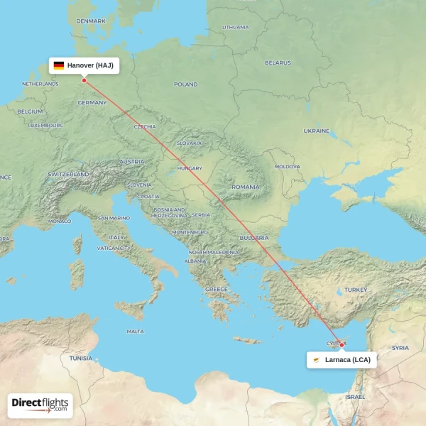 Larnaca - Hanover direct flight map
