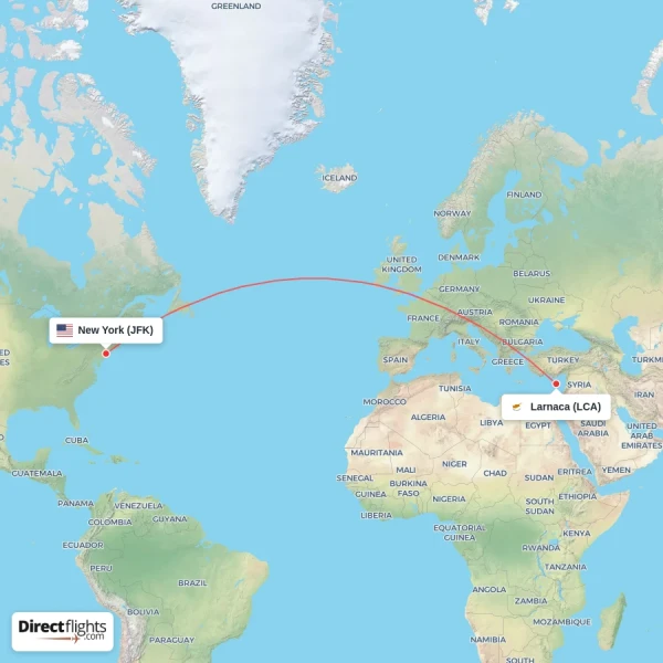 Larnaca - New York direct flight map