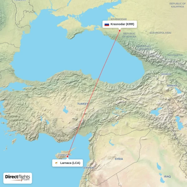 Larnaca - Krasnodar direct flight map