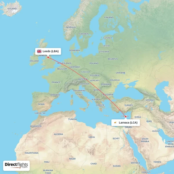 Larnaca - Leeds direct flight map