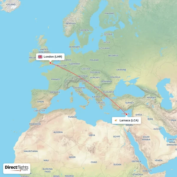 Larnaca - London direct flight map