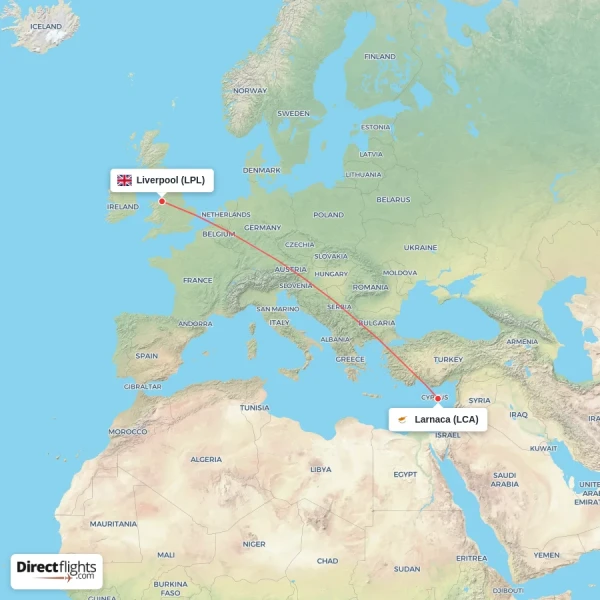 Larnaca - Liverpool direct flight map