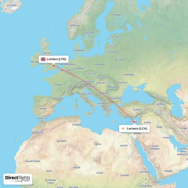 Larnaca - London direct flight map