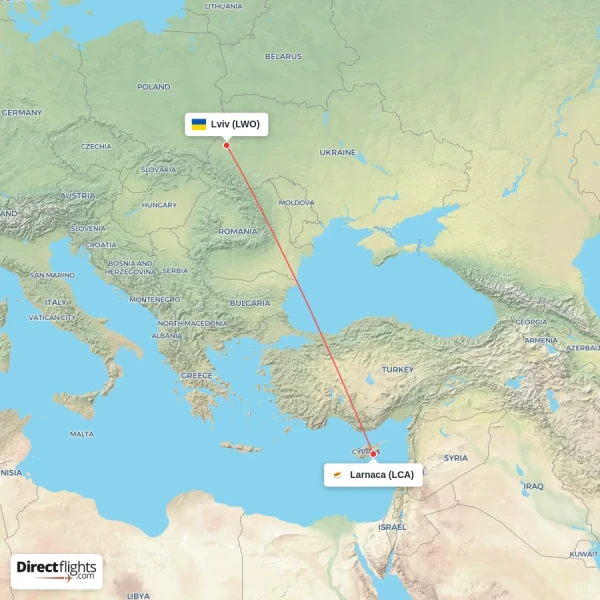 Larnaca - Lviv direct flight map