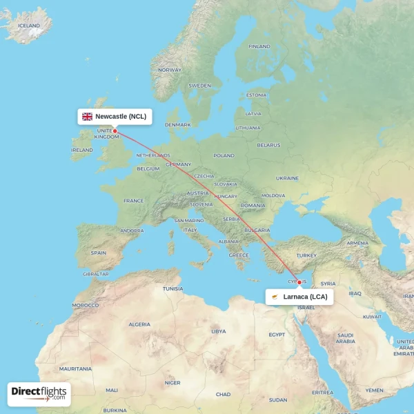 Larnaca - Newcastle direct flight map