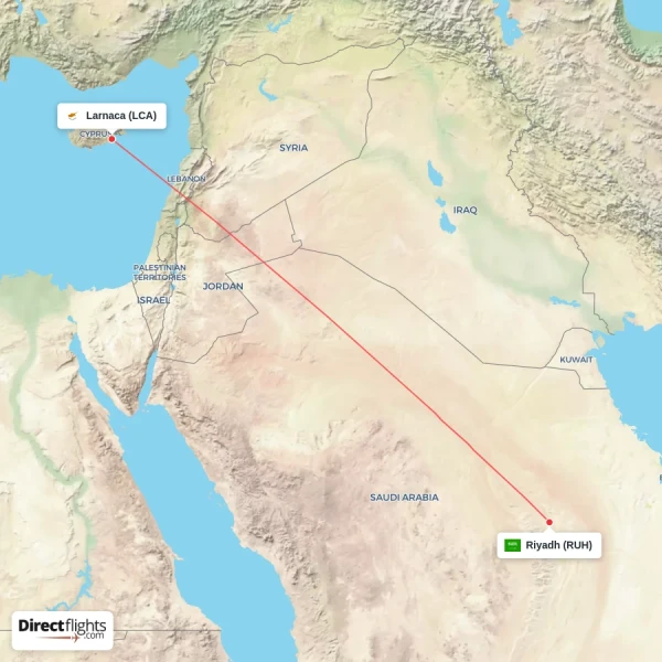 Larnaca - Riyadh direct flight map