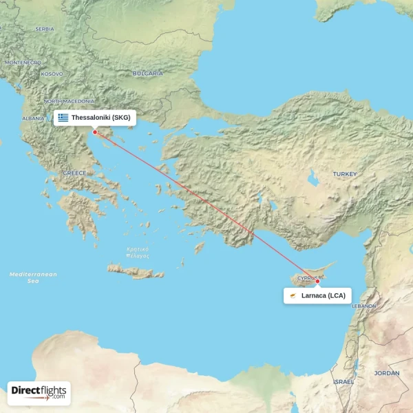 Larnaca - Thessaloniki direct flight map