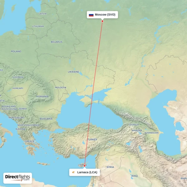 Larnaca - Moscow direct flight map