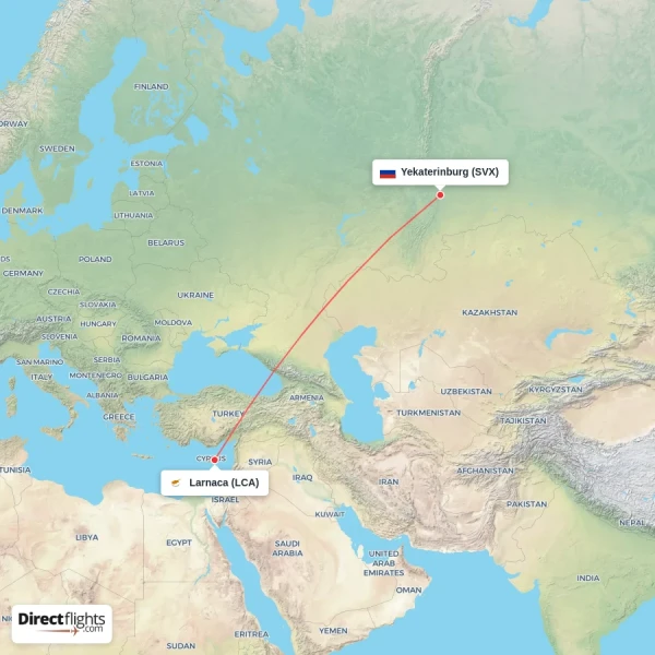 Larnaca - Yekaterinburg direct flight map