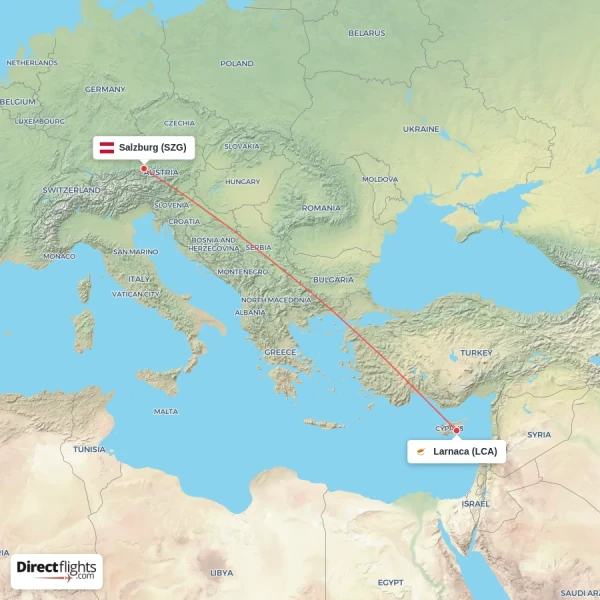Larnaca - Salzburg direct flight map