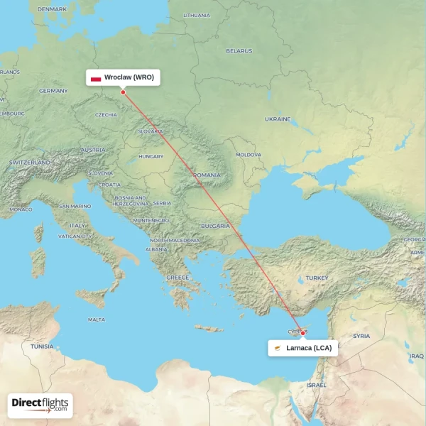 Larnaca - Wroclaw direct flight map
