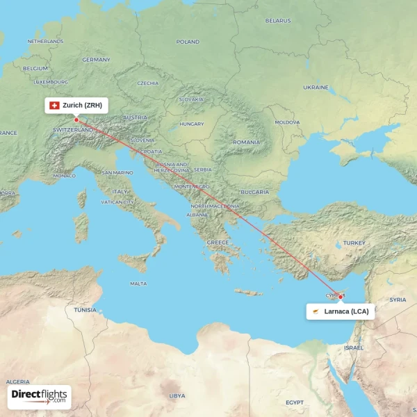 Larnaca - Zurich direct flight map