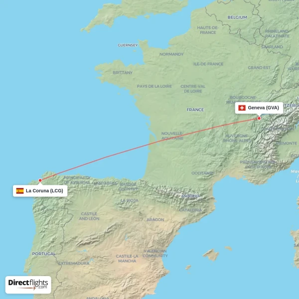 La Coruna - Geneva direct flight map