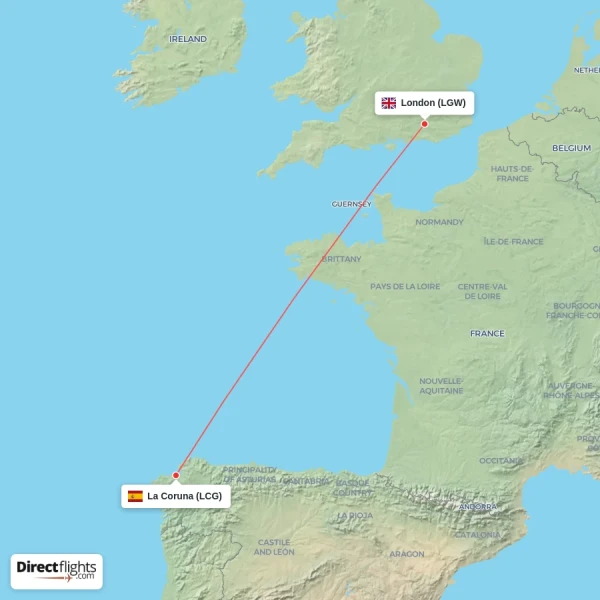 La Coruna - London direct flight map
