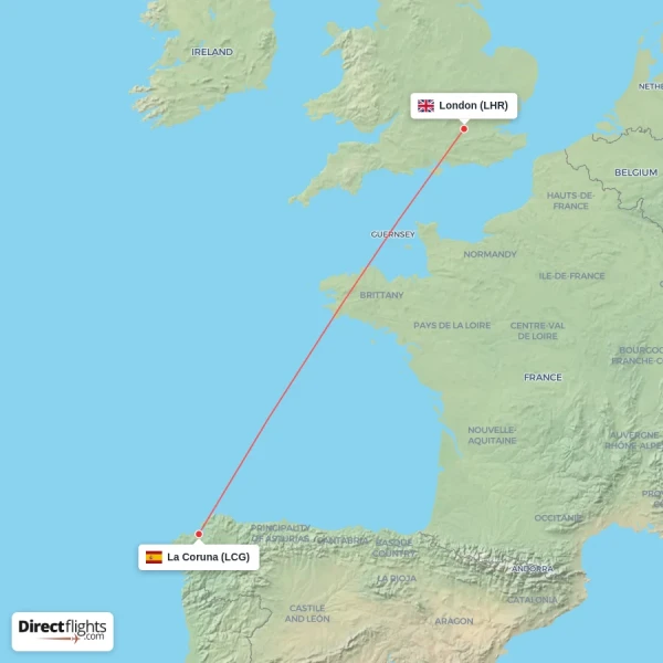La Coruna - London direct flight map