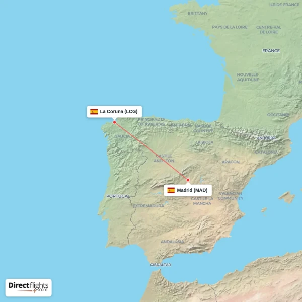 La Coruna - Madrid direct flight map