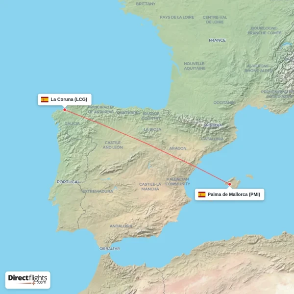 La Coruna - Palma de Mallorca direct flight map