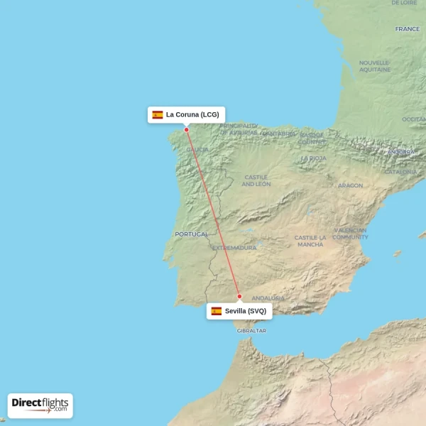 La Coruna - Sevilla direct flight map