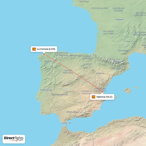 La Coruna - Valencia direct flight map